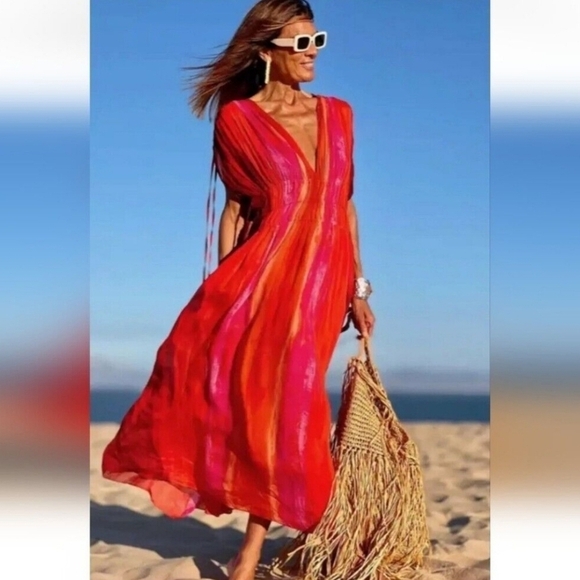 Zara Viscose Ombre Pleated V-neck Side/Shoulder ties Lined Maxi Dress Size XL - Picture 1 of 13